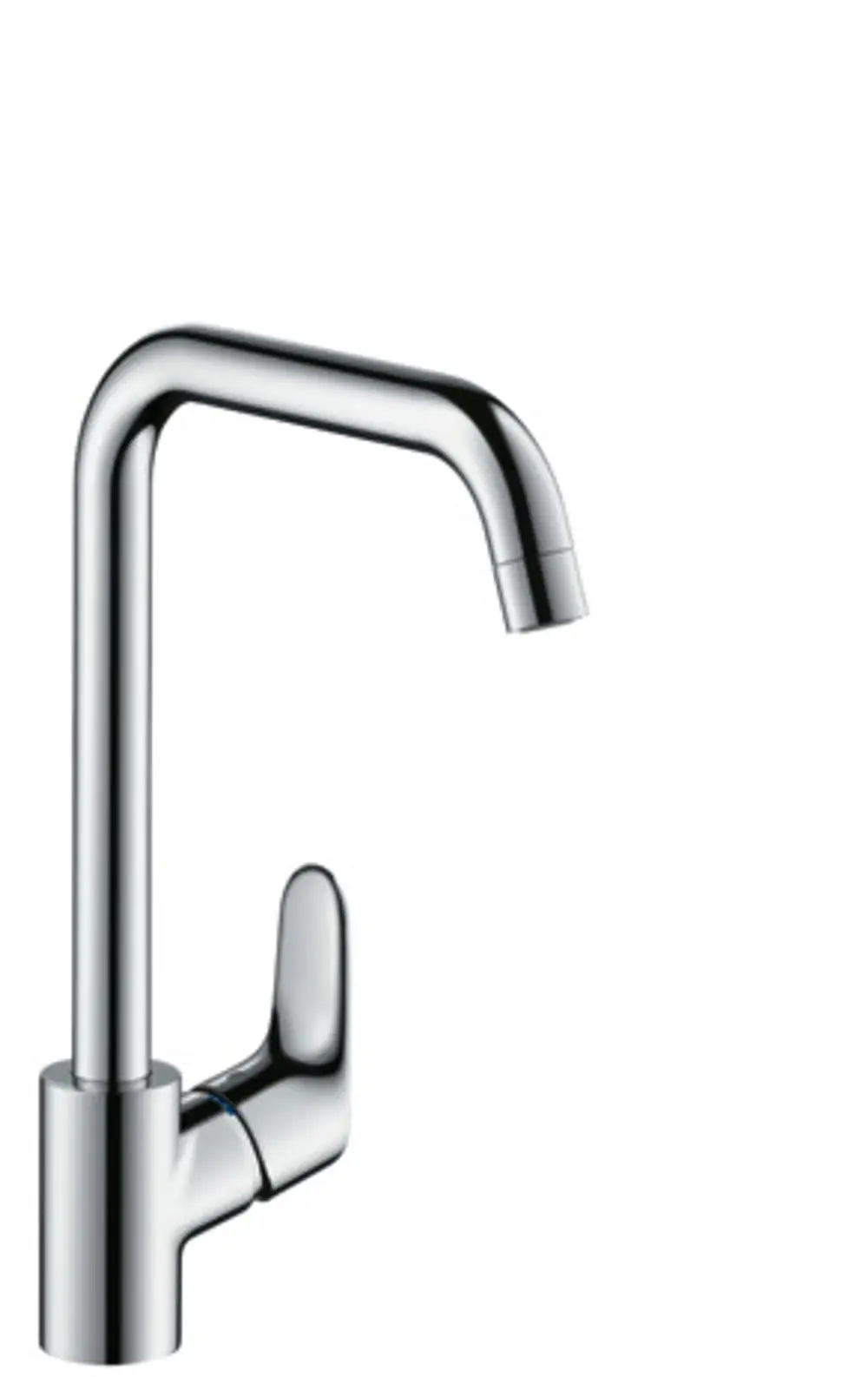Chromfarbener Spültischmischer von Hansgrohe mit einem hohen, geschwungenen Auslauf und einem seitlichen Bedienhebel für die Wassermengenregulierung.